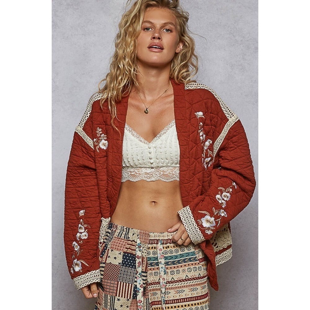 NEW POL Brick Red Quilted Embroidered Jacket Boho Cottagecore Floral Size Medium - Picture 4 of 6